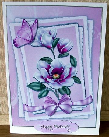 Pretty Lilac Magnolias, with Butterfly and Bow in Lace Fram by Cheryl French