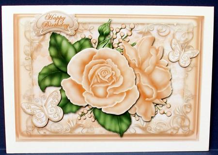 Peach Roses and Butterflies Card Front by Cheryl French