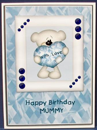 Blue & White Heart Bear - Mummy Birthday by Cheryl French