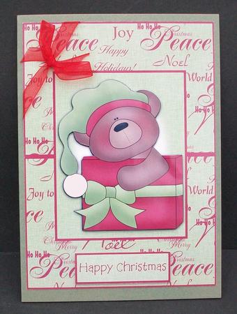 Christmas Teddy with Xmas Present Over the Edge Card by Cheryl French