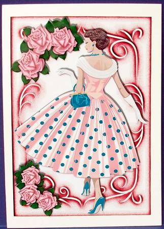 Pretty Lady in Polka Dot Dress with Pink Roses by Cheryl French
