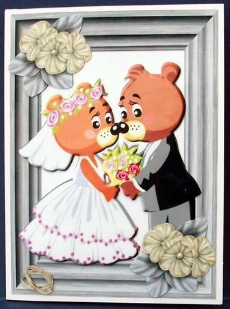 Cute Bears Wedding with Flowers in Silver Frame by Cheryl French
