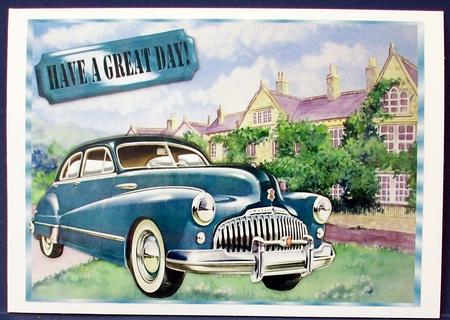 Vintage Buick Blue Automobile with Mansion by Cheryl French