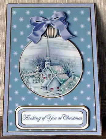 Blue Church Thinking 5.5inch Bauble Decoupage Card by Cheryl French