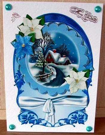 Cottage in the Snow on Pretty Plaque with Bow by Cheryl French