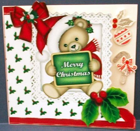 Cute Little Bear in Santa Hat with Holly Over the Edge by Cheryl French