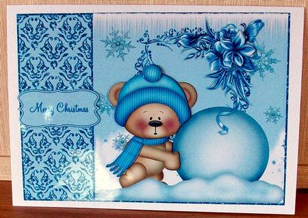 Cute Bear Building Snowman Card Topper by Cheryl French
