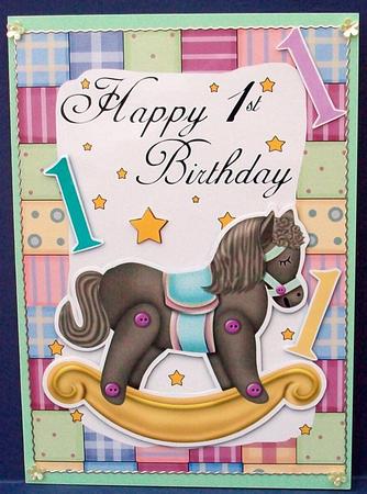 1st Birthday Card Front with Rocking Horse by Cheryl French