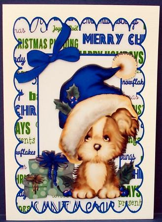 Cute Puppy in Blue Santa Hat with Pressie by Cheryl French