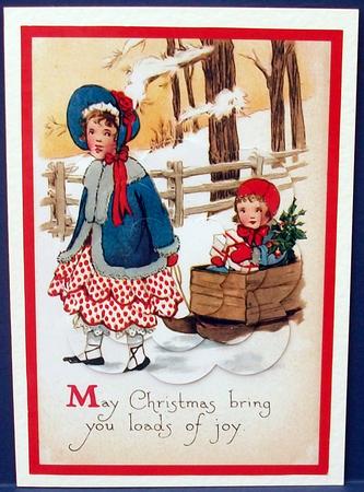 Vintage Christmas Girls Sleighing Scalloped Pyramid by Cheryl French