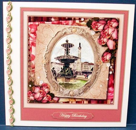 Vintage Roses and Fountain Scene by Cheryl French
