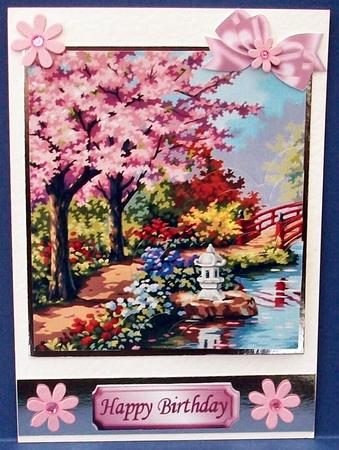 Pretty Pink Blossoms in Japanese Garden Scalloped Corner by Cheryl French