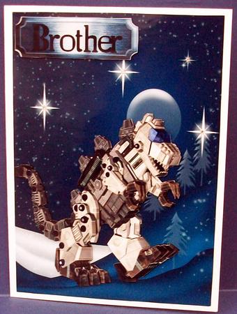 Metallic Dinasaur Robot Walking , with Moon and Stars by Cheryl French