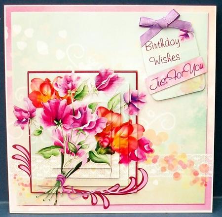 Sweet Peas & Friesa 6inch Pyramid Card Front by Cheryl French