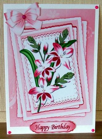 Pretty Pink Lilies on Lace Stackers with Bow by Cheryl French