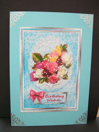 Rose Bouquet and Lace on Blue and Silver - Card Front/topper by Cheryl French