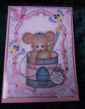 Little House Mouse Painting with Butterflies in Lace Frame by Cheryl Morrison