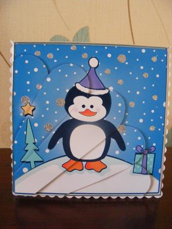 Cute Xmas Penguin Quick Card with Fan Pyramage Topper by Cheryl Smith