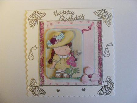 Agnes with Pink Flowers and a Bee Card Front by Cheryl Smith