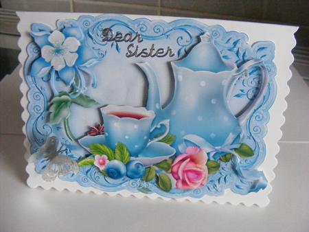 Time for Tea! with Pretty Rose and Cornflower Blue Flowers by Cheryl Smith