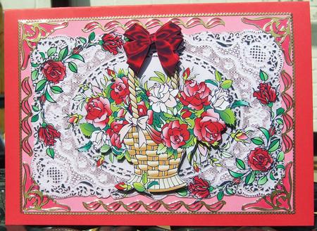 Basket of Roses on Ecru Lace with Red Bow by Chris Keys