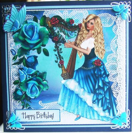 Pretty Vintage Lady with Harp and Roses 8x8 by Chris Keys