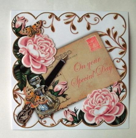 Pink Roses Special Day 8in Scallop Decoupage Topper by Christine Smart