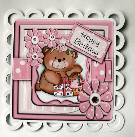 Birthday Teddy Pink Layered Square Circle Pyramid Topper by Christine Smart