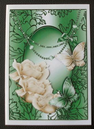 The Cream and Green Roses and Butterfly Swirl Card Front by Christine Smart