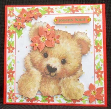 Christmas Teddy Bear with Red Flowers 8x8 by Chris Stow