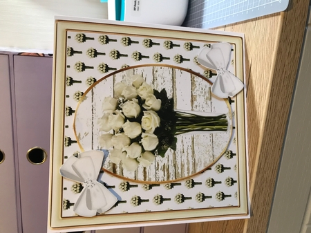 pretty white roses in a vase with diamante white bows 8x8 by Chrissie  Mcmorran 