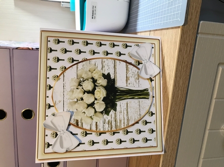 pretty white roses in a vase with diamante white bows 8x8 by Chrissie  Mcmorran 
