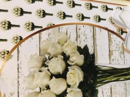pretty white roses in a vase with diamante white bows 8x8 by Chrissie  Mcmorran 