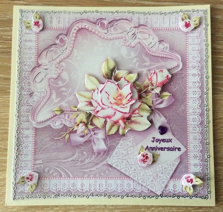 Pink Roses on a Lilac Satin Shield 8in x 8in Decoupage by Christiane Lions