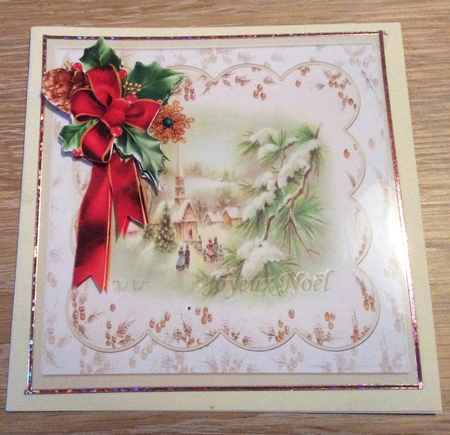 Holly and ribbon 7x7 card with decoupage by Christiane Lions