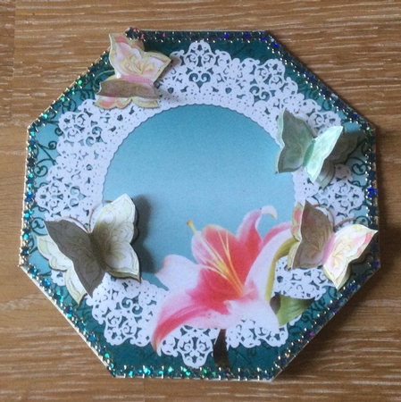 Octagon Shaped Metallic Topper With Lace Frame Lily & Butterflies 1 by Christiane Lions
