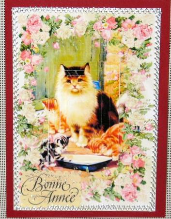 Vintage Cat with Kittens in Rose Frame by Christiane Lions