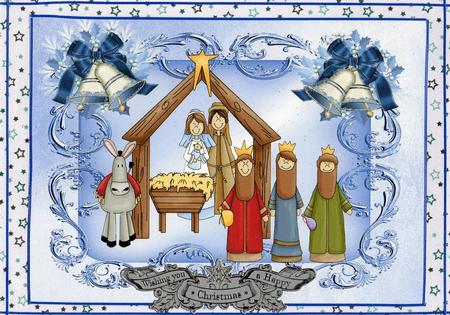 Nativity with Baby Jesus in Blue Ornate Frame A4 by Christine Easey