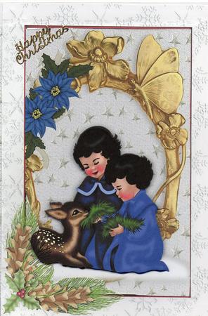 Little Girls with Cute Deer in Gold Ornate Frame A4 by Christine Easey