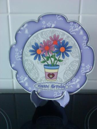 Lavender Edged Pot of Daisies Plate Card with Stand by Christine Easey