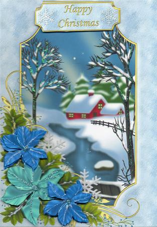 Snowy Cottage Framed with Poinsettias by Christine Easey