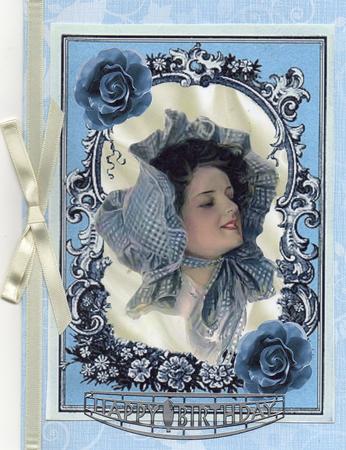 Vintage Lady in Blue Ornate Frame with Roses A4 by Christine Easey