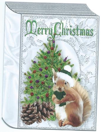 Squirrel in Santa Hat with Cone on Folded Book by Christine Easey
