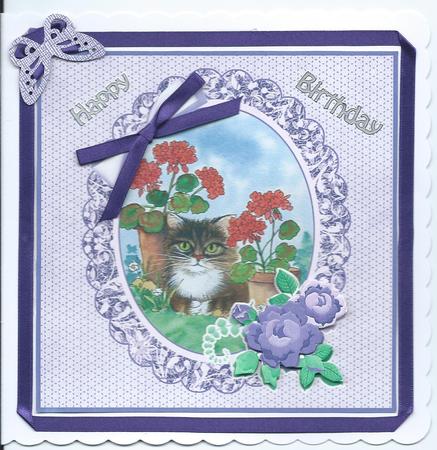 8 x 8 Cat and Geraniums Decoupage Card by Christine Easey
