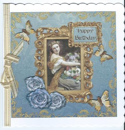 Vintage Lady in Frame 8x8 Decoupage Card 8 - Blue & Gold by Christine Easey