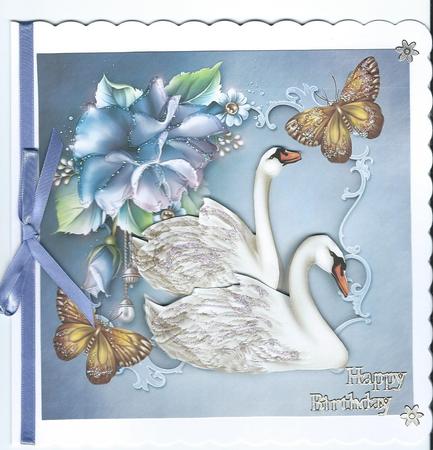 Pretty Swans with Blue Roses 8x8 by Christine Easey