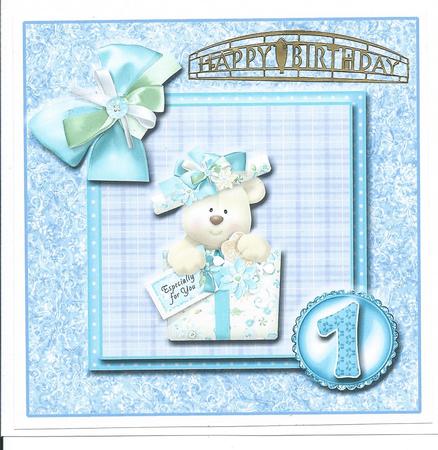 8x8 Blue Birthday Bear 1st Birthday with Decoupage by Christine Easey
