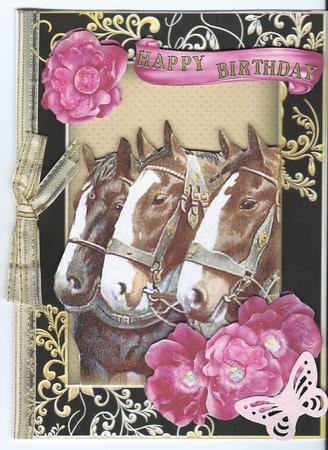 Horses in Gold/black Frame with Pink Flowers by Christine Easey