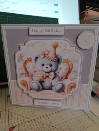 7x7 Pink & Grey Teddy - Quick Card with Topper, Sentiments & Numbers T7 by Christine Garner