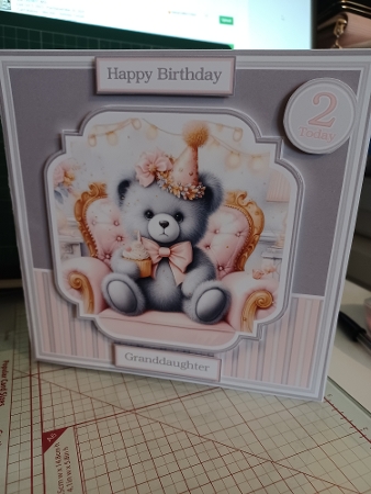 7x7 Pink & Grey Teddy - Quick Card with Topper, Sentiments & Numbers T7 by Christine Garner